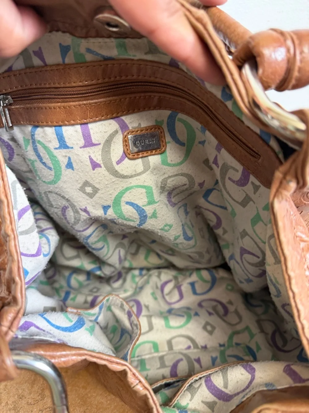 GUESS Vintage Brown Leather Hobo Bag Monogram Logo Y2K Shoulder Bag - Picture 10 of 14